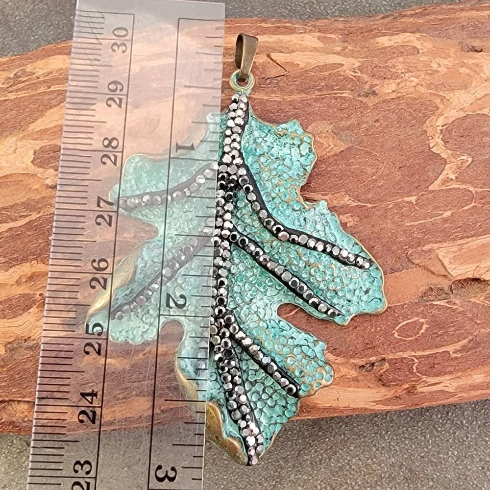 NWOT Patinaed Brass Leaf Hematite Crystal Pendant - Picture 2 of 4